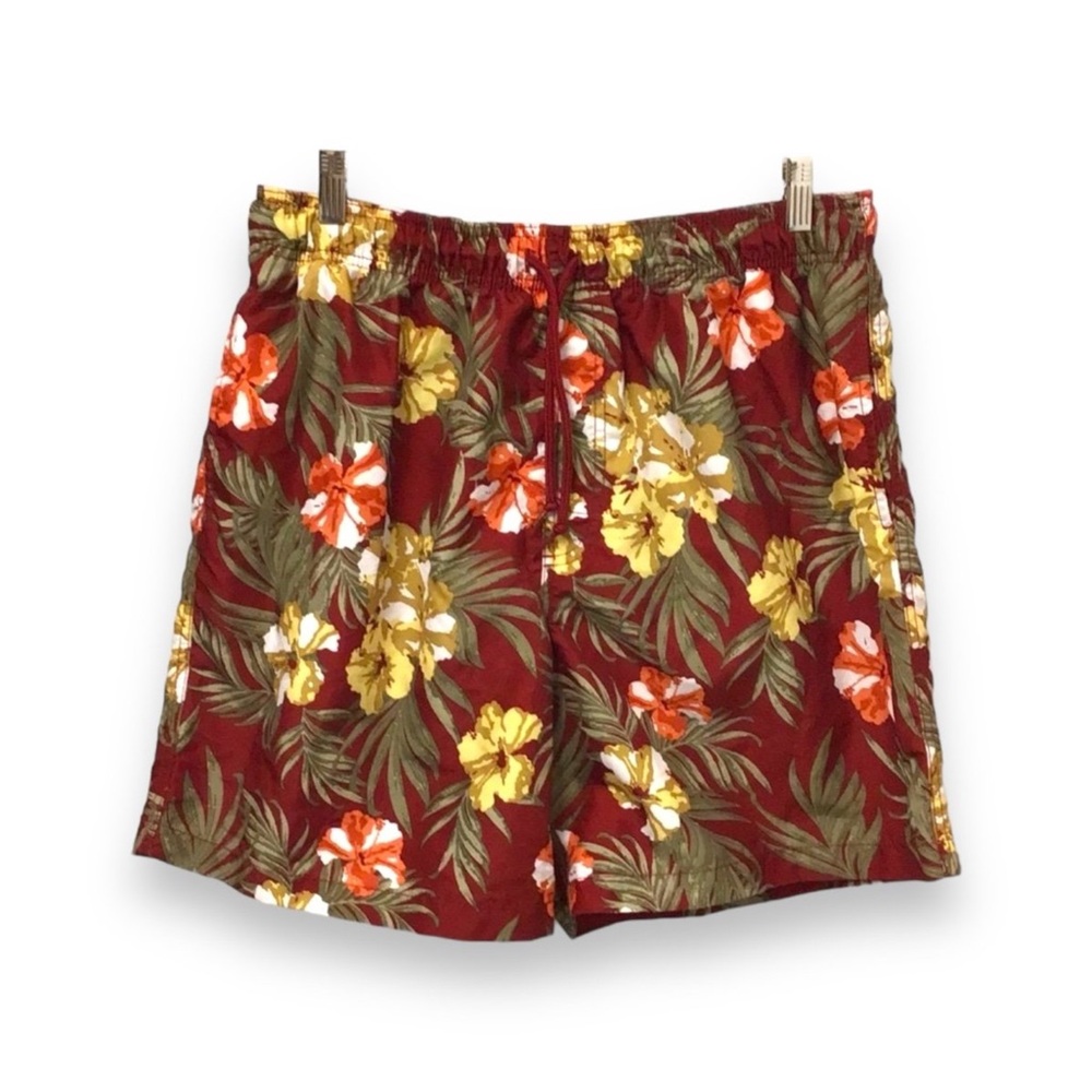 Islander Mens 7.5” Tropical Floral Print Swim Trunks, Dark Red, size L